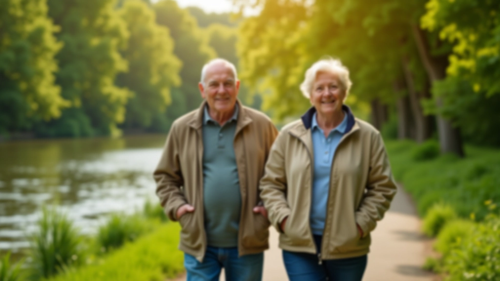 Seniorzy spacerujący brzegiem Wisły na słoneczny dzień, zielone tereny wokół