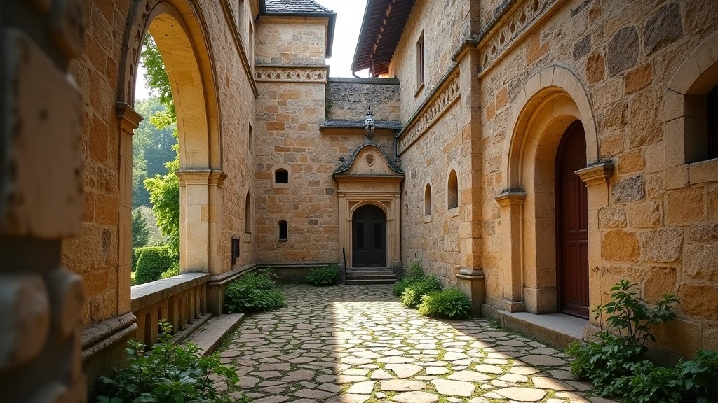 Średniowieczne klasztorne mury z kamienia, architektura romańska, świętych detali i okien